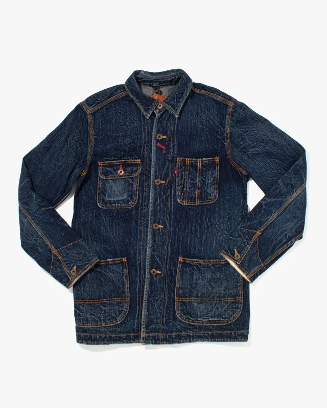 Japanese Repro Denim Chore Coat, Eternal, Acid Wash and Red Bartacks - L sold by Kiriko