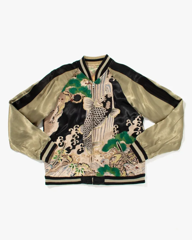 Japanese Repro Souvenir Jacket, Reversible, Black with Koi Scene - M sold by Kiriko