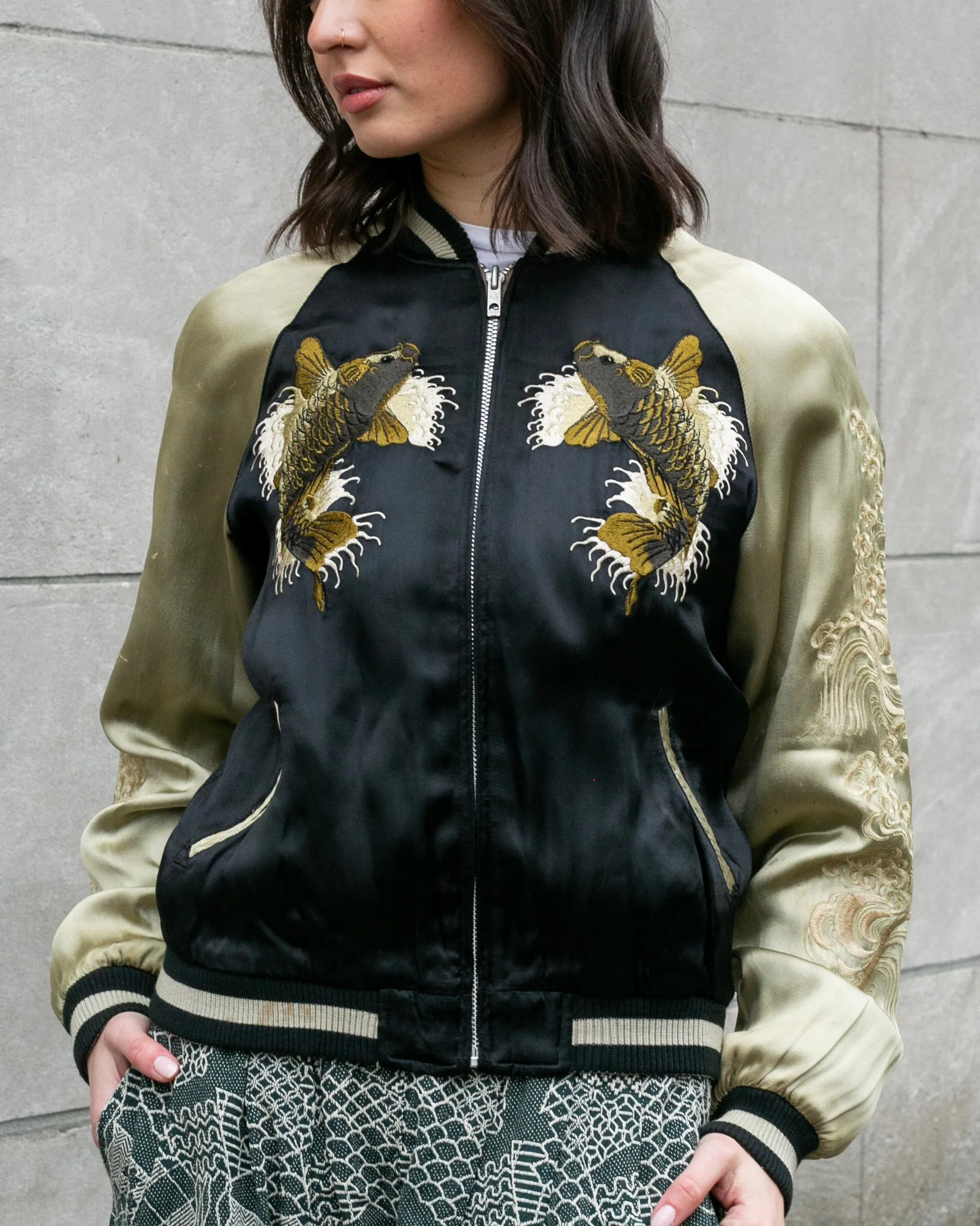 Japanese Repro Souvenir Jacket, Reversible, Black, Woman and Fish - S sold by Kiriko product image thumbnail 4