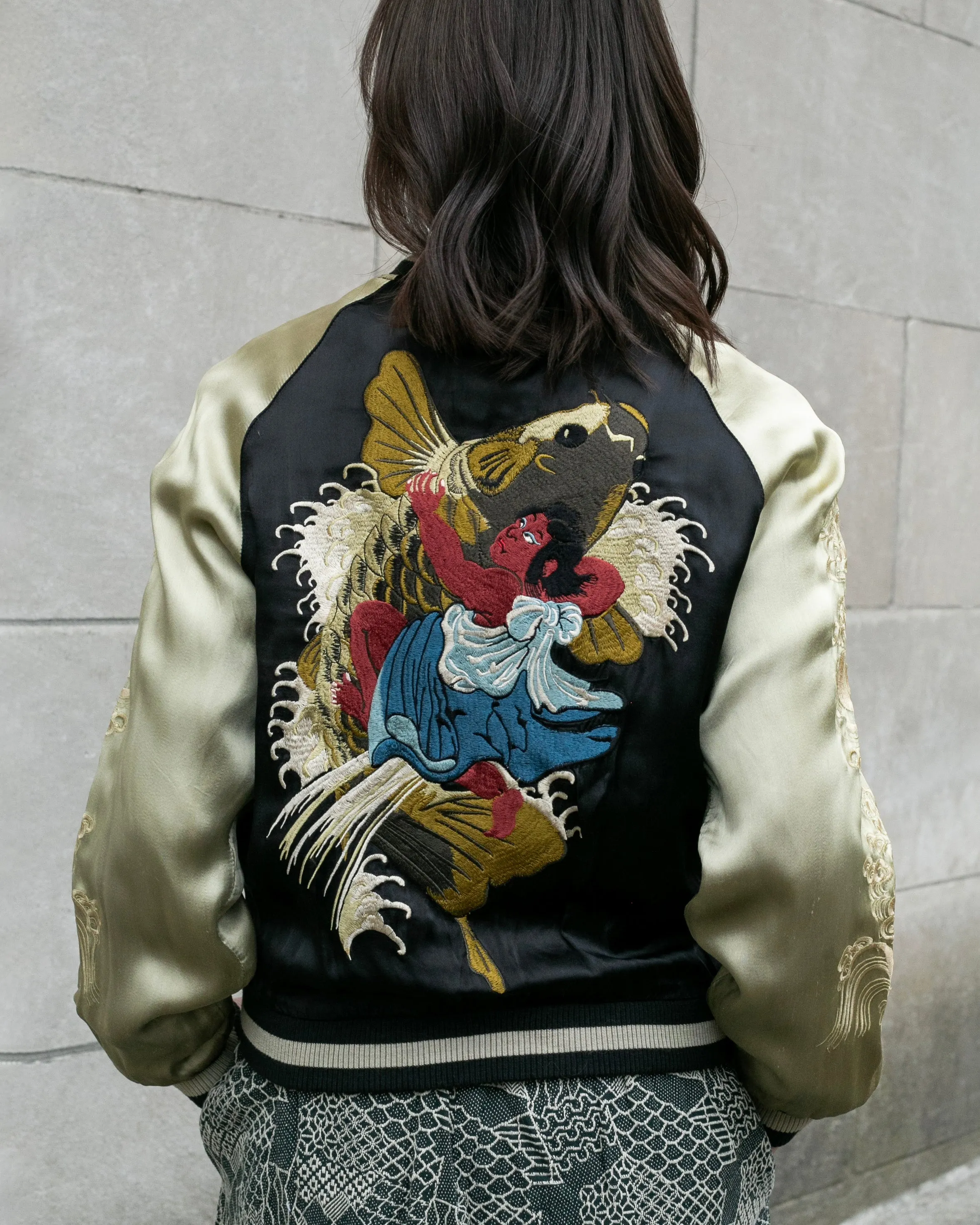 Japanese Repro Souvenir Jacket, Reversible, Black, Woman and Fish - S sold by Kiriko