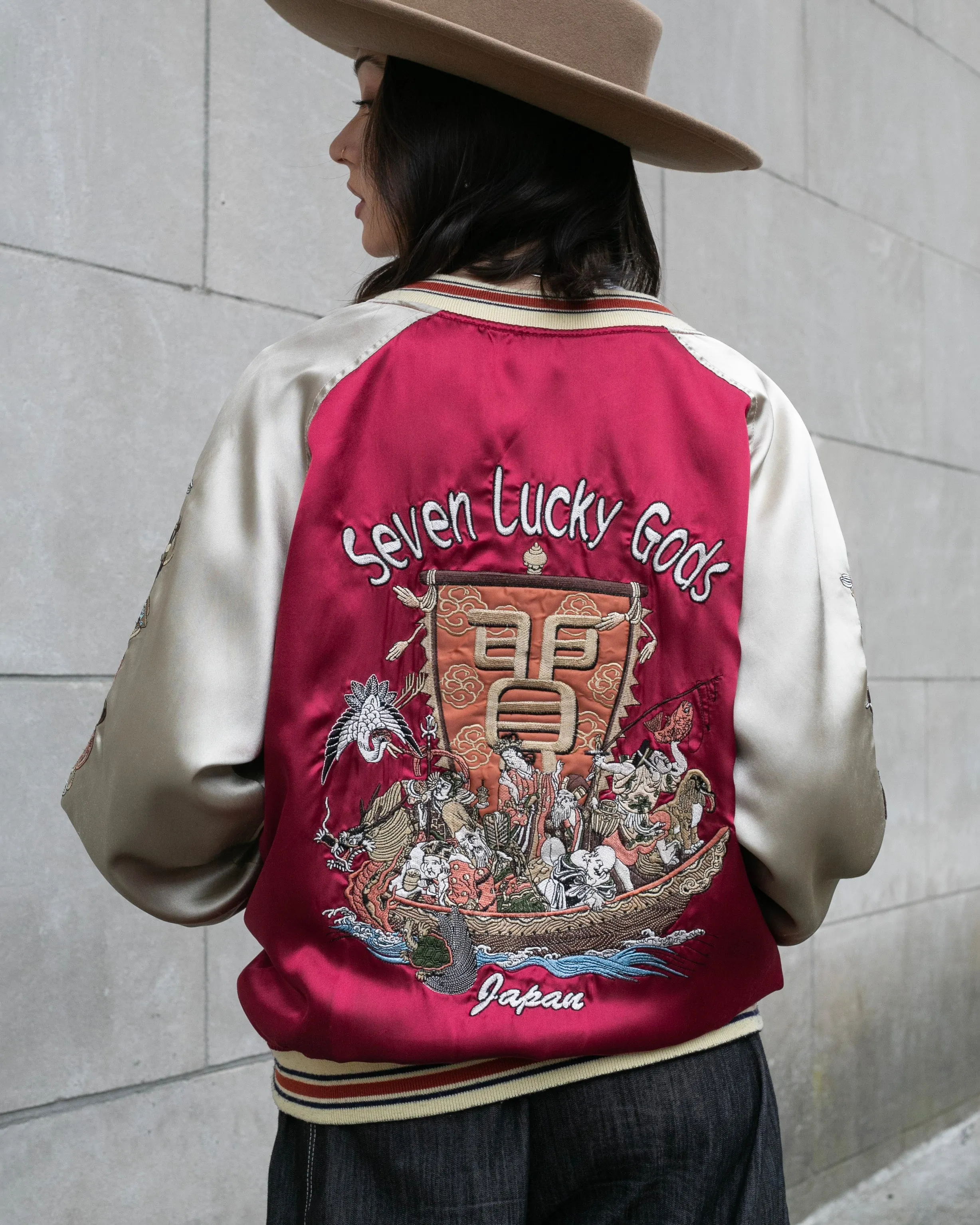 Japanese Repro Souvenir Jacket, Red with Seven Lucky Gods - S sold by Kiriko