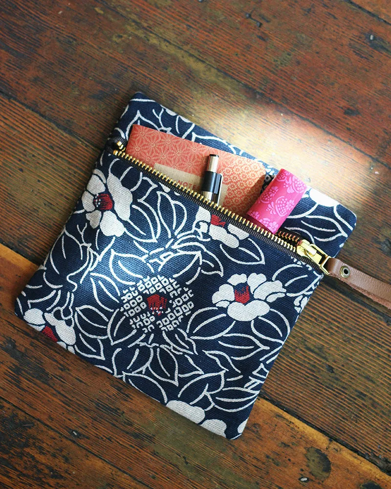 Flat Small Zipper Pouch, Indigo Medium Tsubaki sold by Kiriko