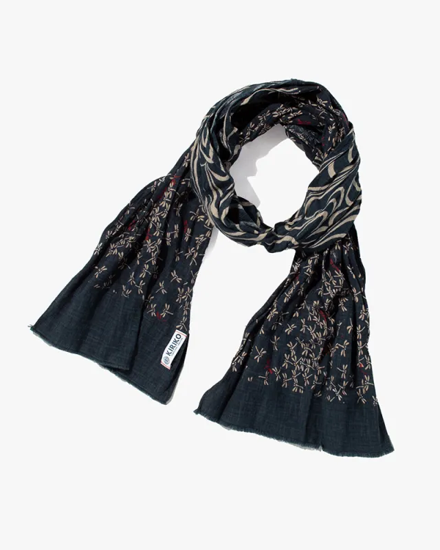 Kiriko Original Scarf, Kiji, Indigo Tonbo with Red and Kanzemizumon sold by Kiriko