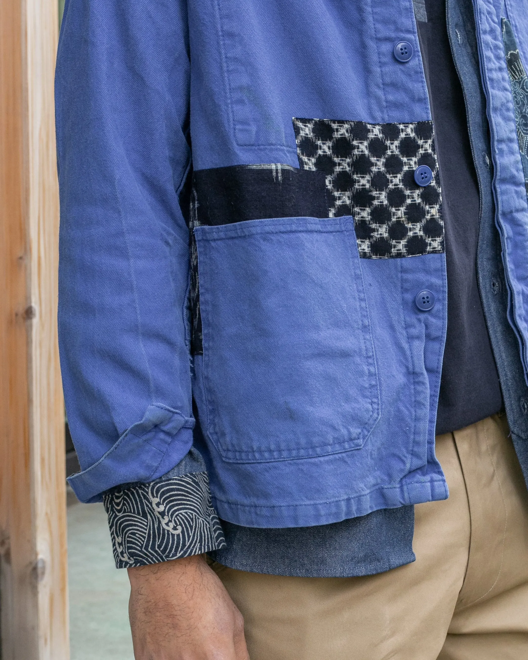 Kiriko Custom, One of a Kind Patched French Workman Jacket, Vintage Kasuri, Katazome and Plaid sold by Kiriko product image thumbnail 4