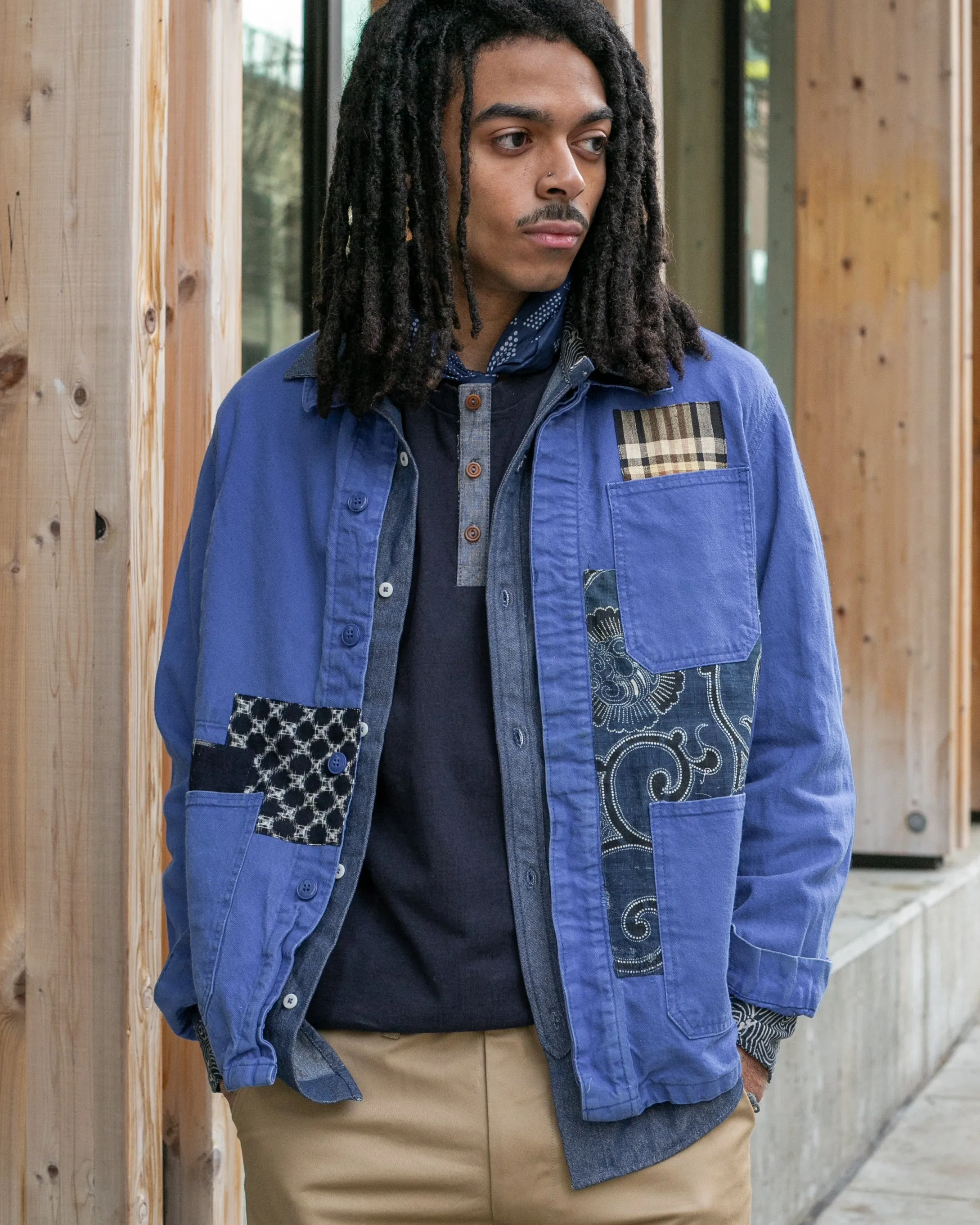 Kiriko Custom, One of a Kind Patched French Workman Jacket, Vintage Kasuri, Katazome and Plaid sold by Kiriko