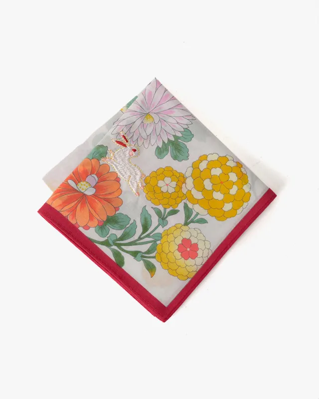 Japanese Handkerchief, Classic, Ivory Chrysanthemum with Rabbit Embroidery sold by Kiriko
