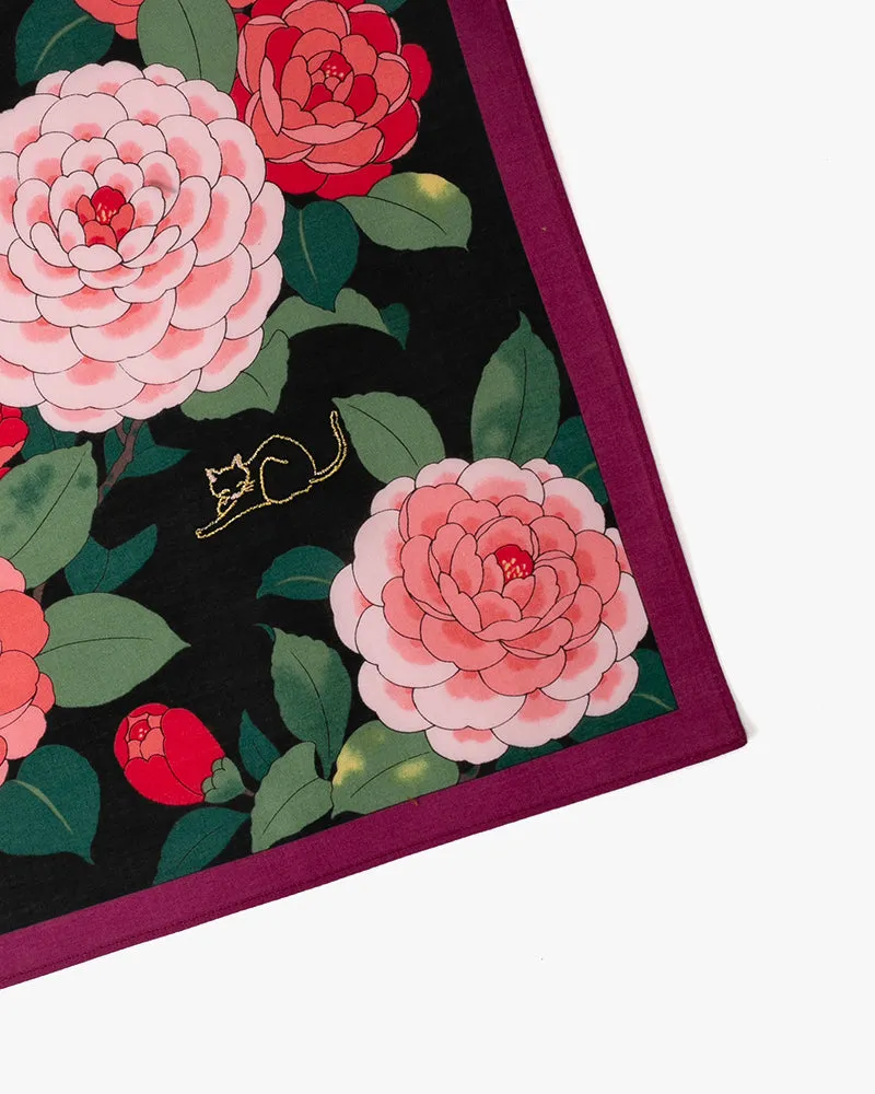 Japanese Handkerchief, Classic, Black Tsubaki with Cat Embroidery sold by Kiriko product image thumbnail 2