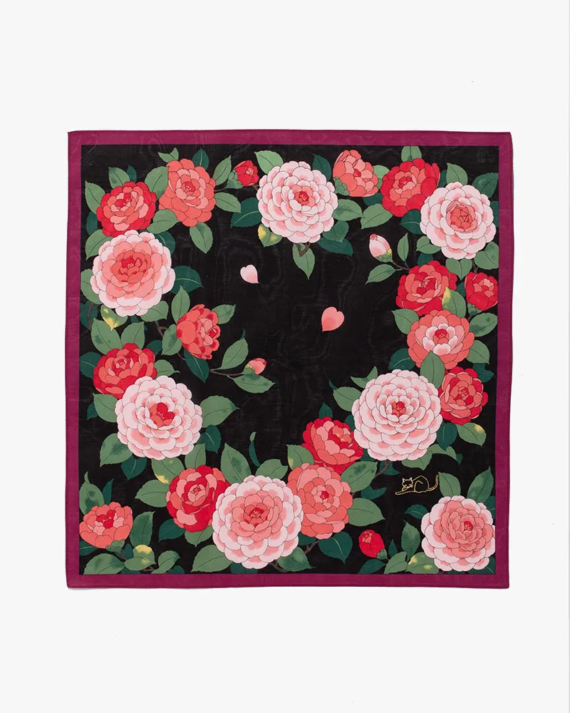 Japanese Handkerchief, Classic, Black Tsubaki with Cat Embroidery sold by Kiriko product image thumbnail 3