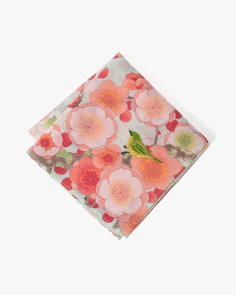 Japanese Handkerchief, Classic, Mint Plum Blossoms with Bird Embroidery sold by Kiriko