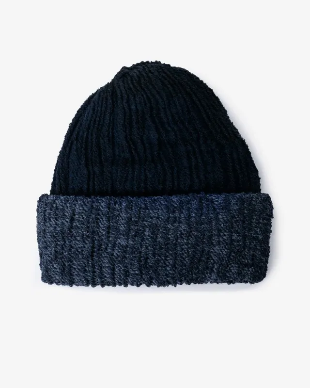 Kobo Oriza Knit Cap, Multi Functional, Cotton and Wool Blend, Split Dark Navy and Indigo, 9 ˝ sold by Kiriko