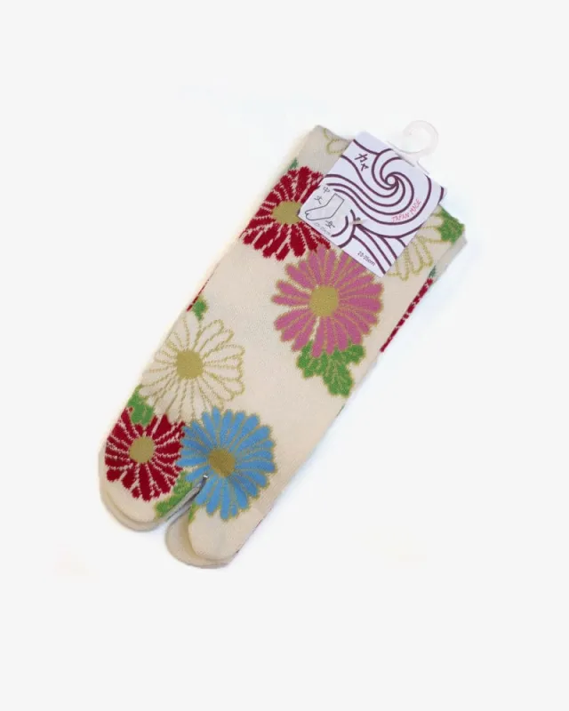 Tabi Socks, Cream and Green with Red and Blue Kiku (S/M) sold by Kiriko