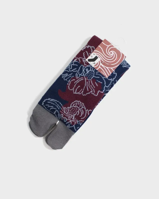 Wa Modern, Tabi Socks, Burgundy and Navy Peony (M/L) sold by Kiriko
