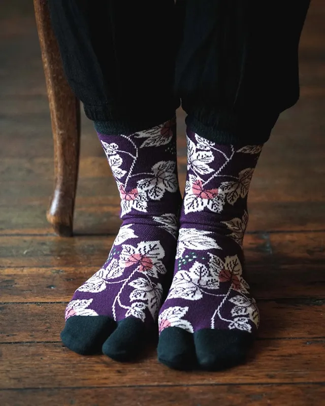 Tabi Socks, Crew, Leaves/Grapes, Purple and Green - (S/M) sold by Kiriko
