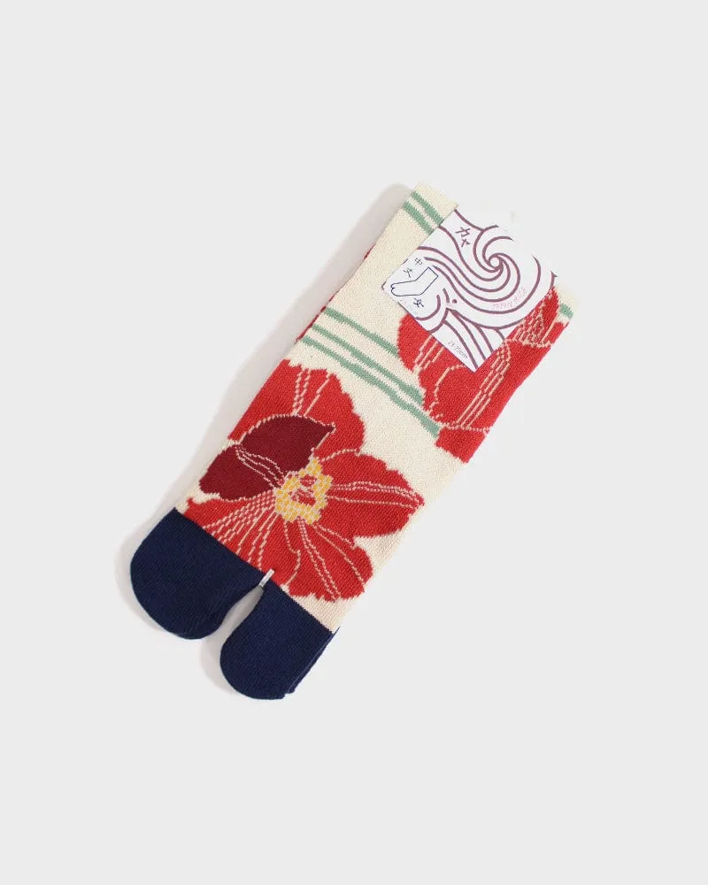 Tabi Socks, Crew, Cream, Navy Shima & Red Keshi - (S/M) sold by Kiriko