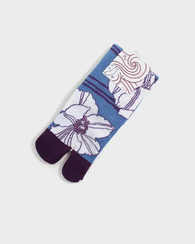 Tabi Socks, Blue and Purple Shima, White Keshi (S/M) sold by Kiriko