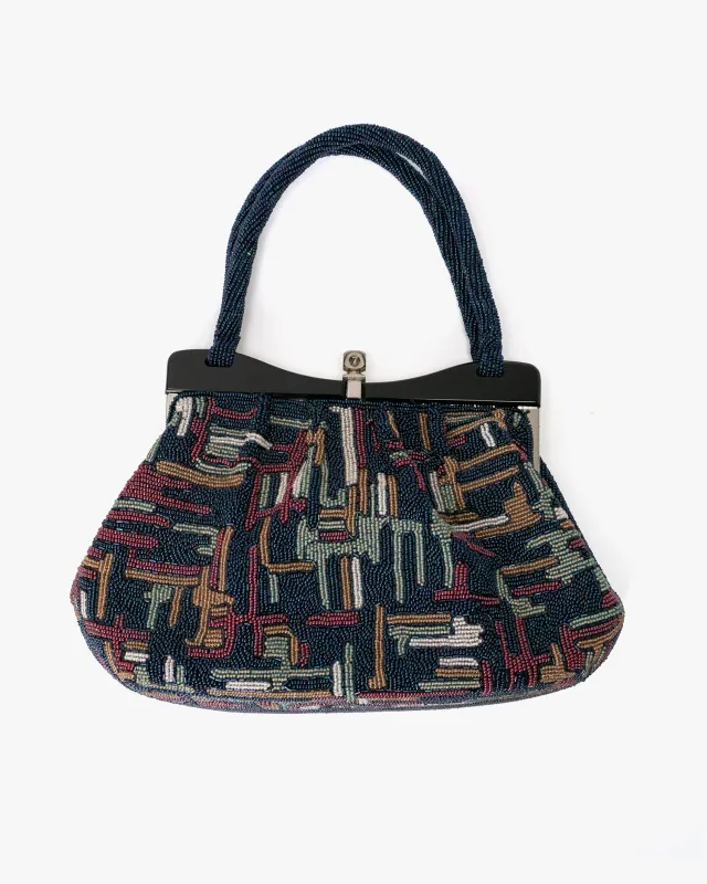 Vintage Bag, Purse, Beaded, Blue with Multi Abstract sold by Kiriko