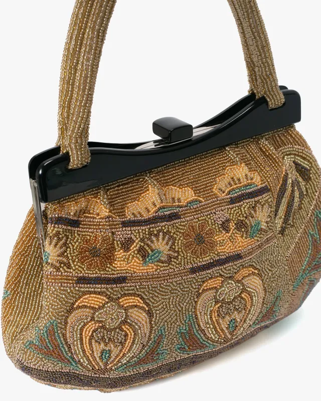 Vintage Bag, Purse, Beaded, Gold with Multi Designs and Clasp sold by Kiriko