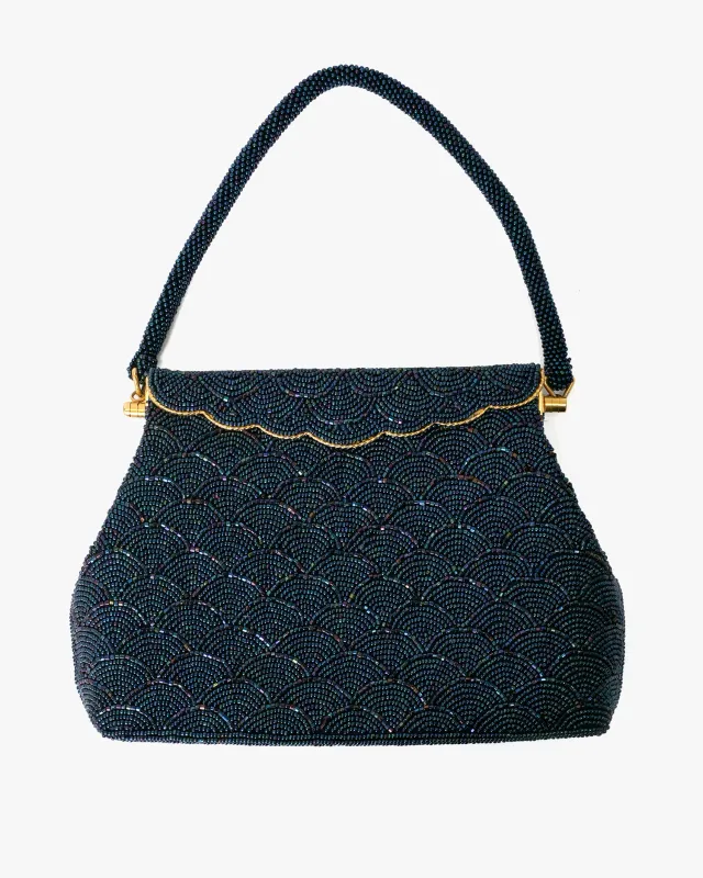 Vintage Bag, Purse, Beaded, Blue with Fish Scale and Gold Lining sold by Kiriko
