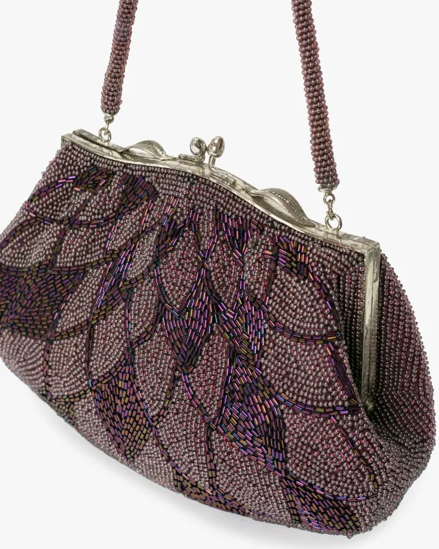 Vintage Bag, Purse, Beaded, Brown/Purple with Feathers sold by Kiriko