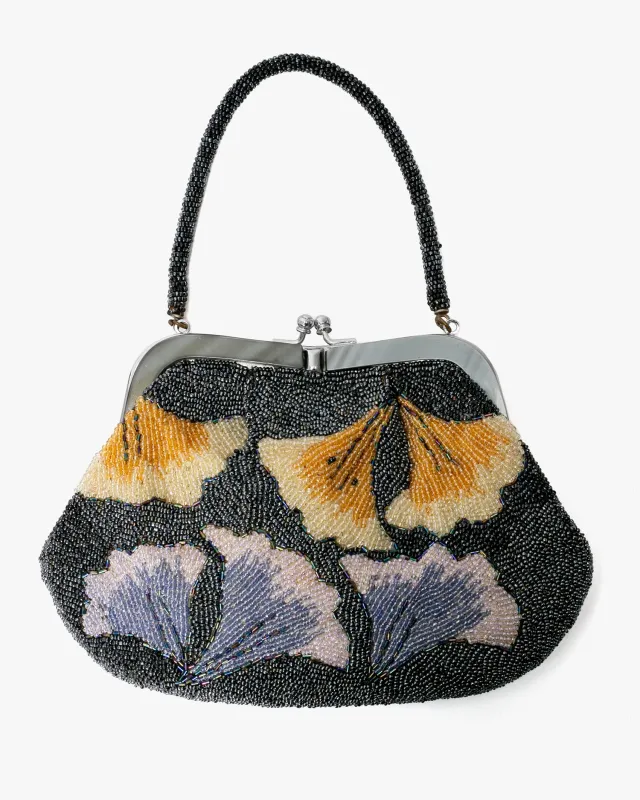 Vintage Bag, Purse, Beaded, Black with Purple and Yellow Morning Glory sold by Kiriko