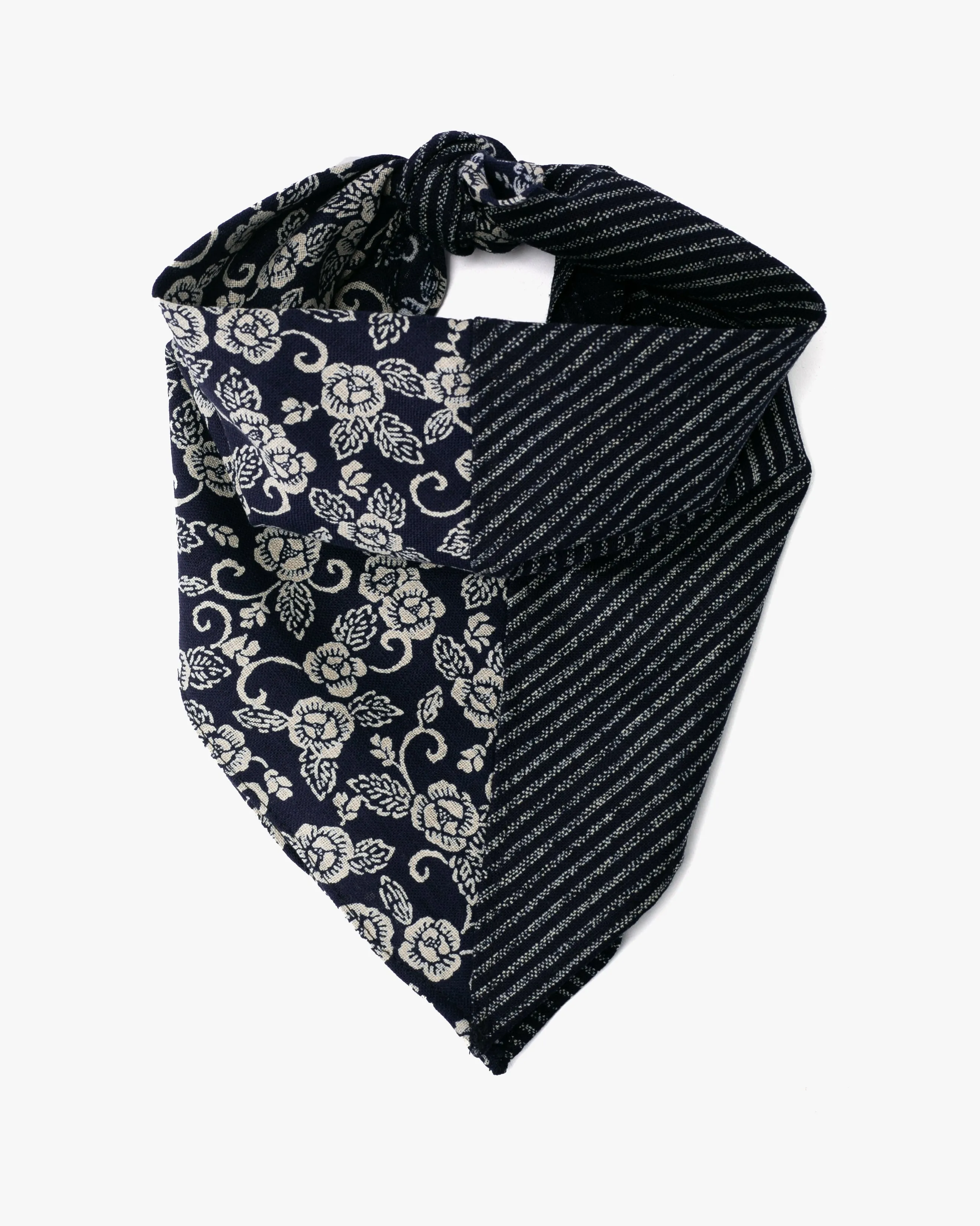 Kiriko Original Bandana, Split, Indigo Shima with Indigo Kikukarakusa sold by Kiriko