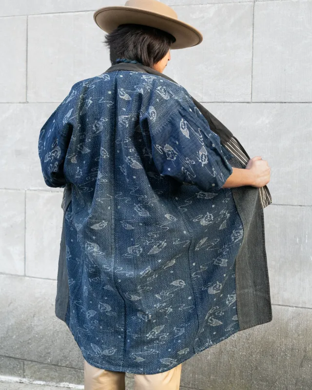 Vintage Boro Noragi Jacket, Indigo Kasuri, Partially Sashiko Stitched sold by Kiriko