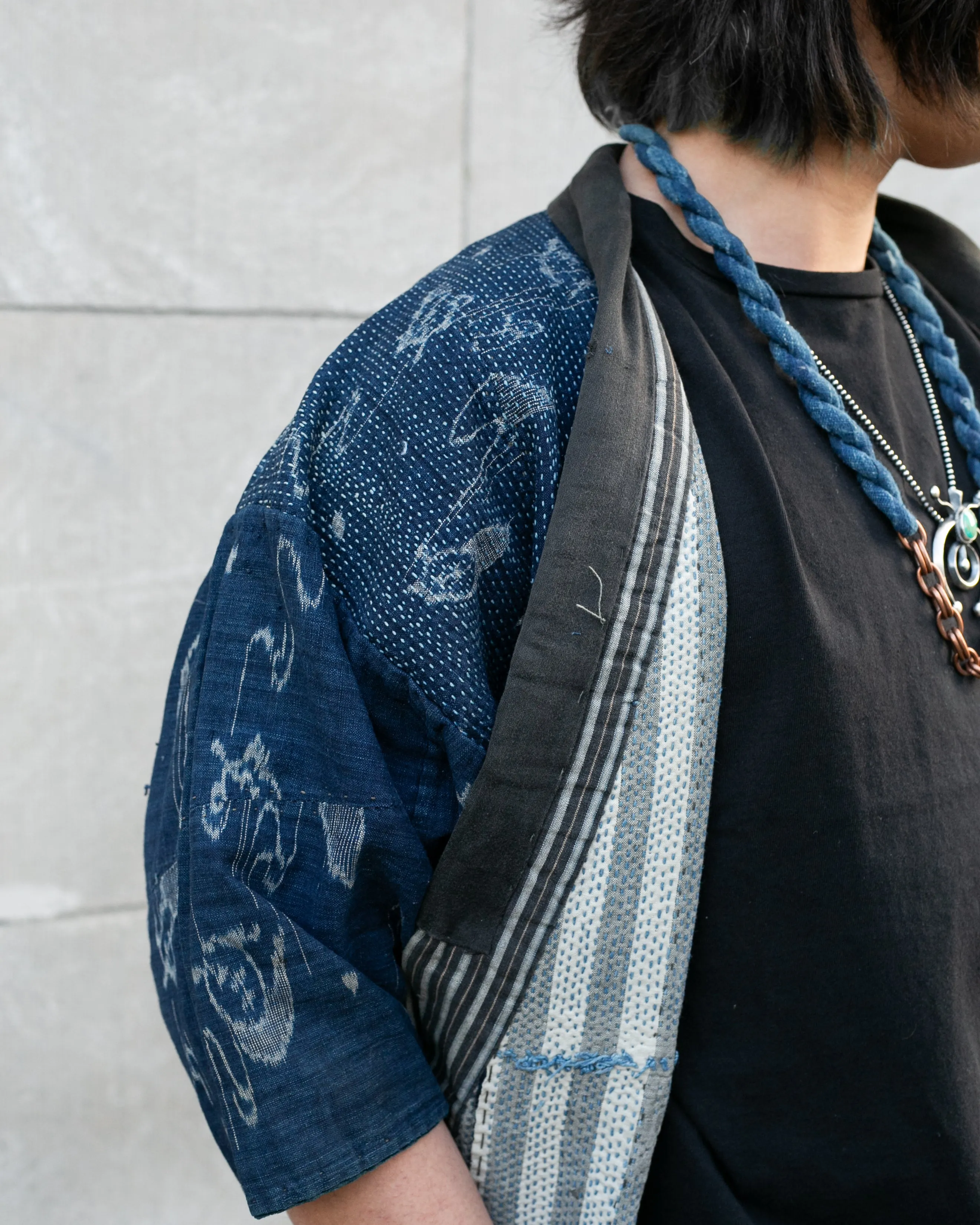 Vintage Boro Noragi Jacket, Indigo Kasuri, Partially Sashiko Stitched sold by Kiriko product image thumbnail 3