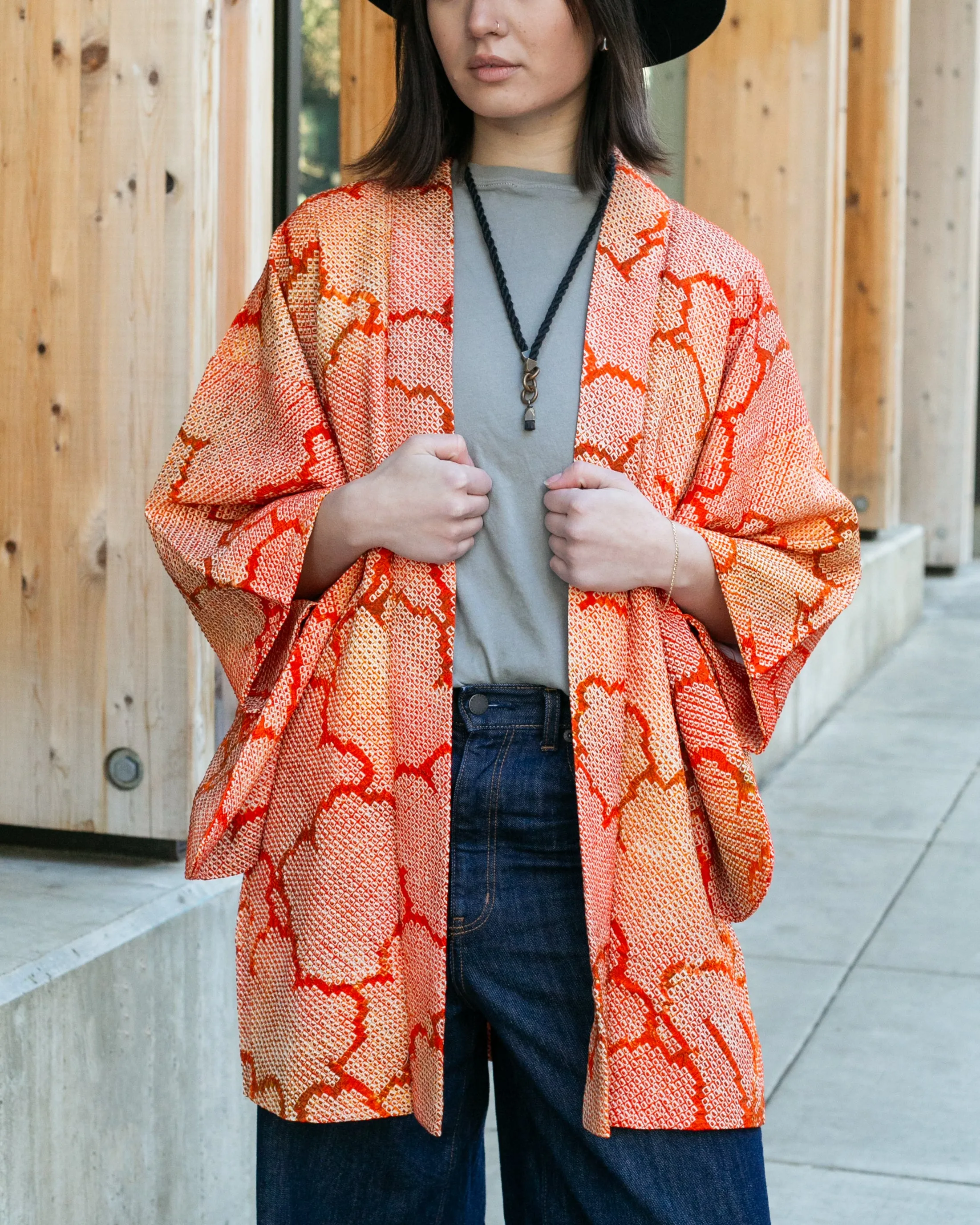 Vintage Haori Jacket, Full Shibori, Orange Trees and Petal Lining sold by Kiriko
