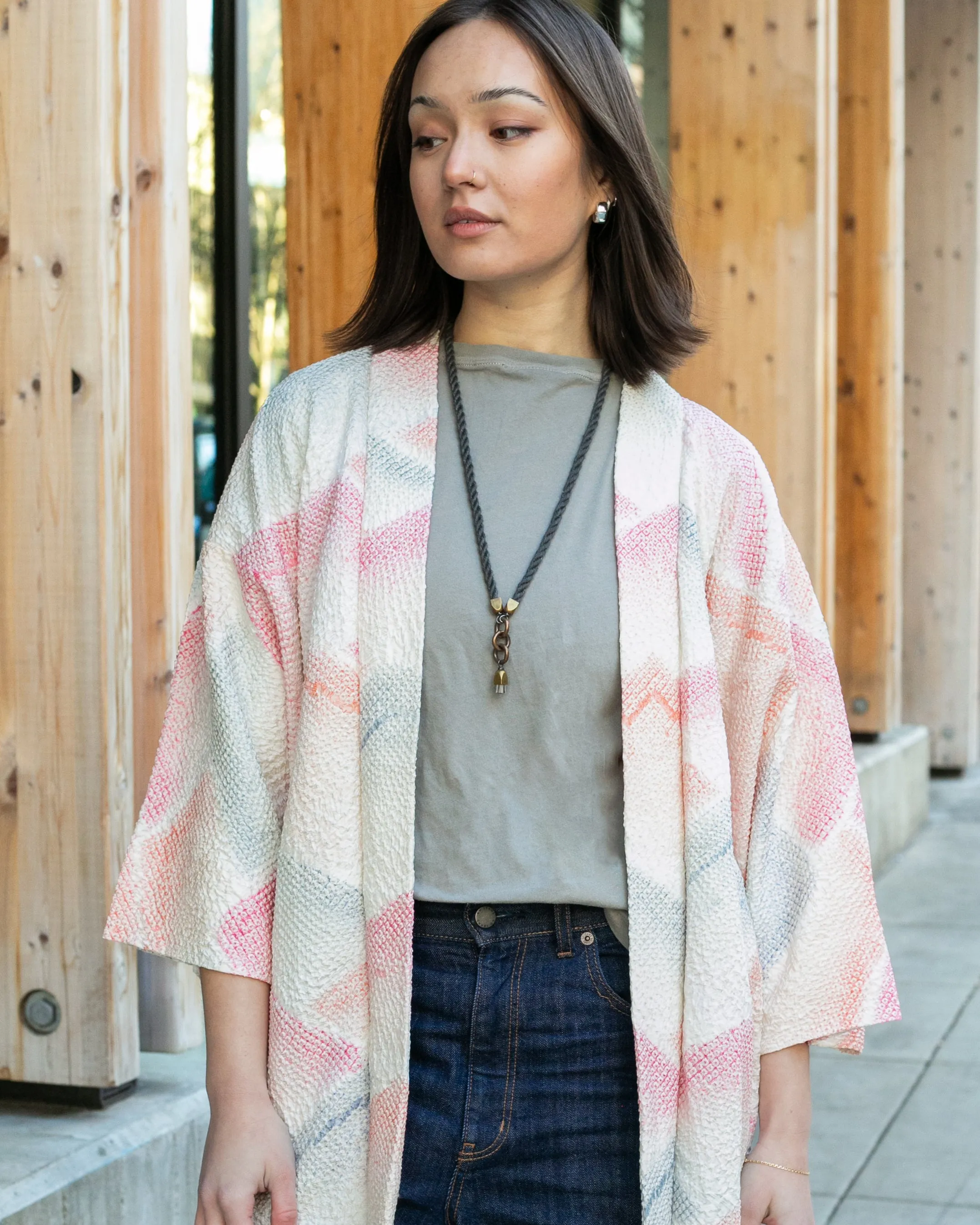 Vintage Haori Jacket, Full Shibori, Pale Blue with Abstract Orange Triangles sold by Kiriko