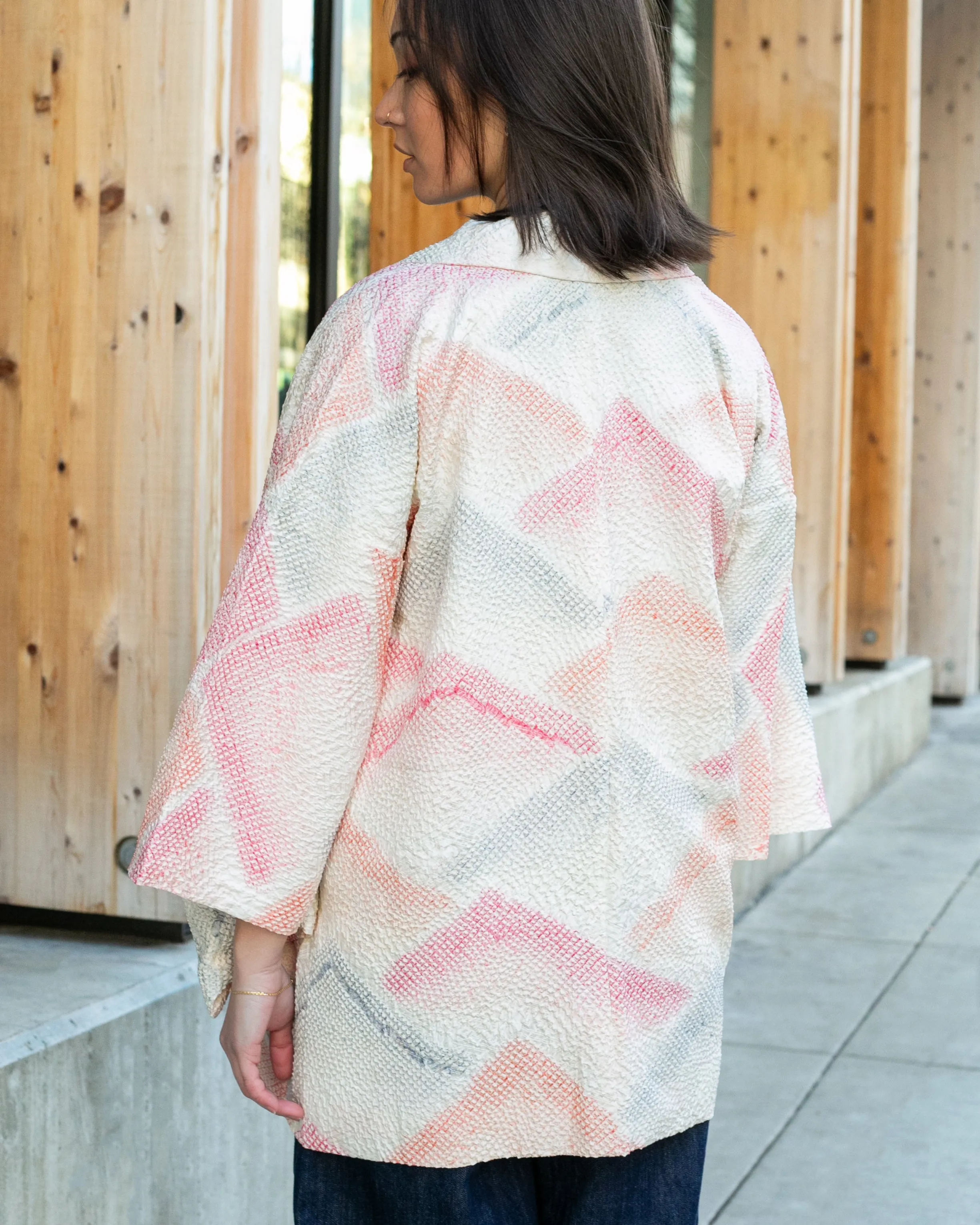 Vintage Haori Jacket, Full Shibori, Pale Blue with Abstract Orange Triangles sold by Kiriko product image thumbnail 2