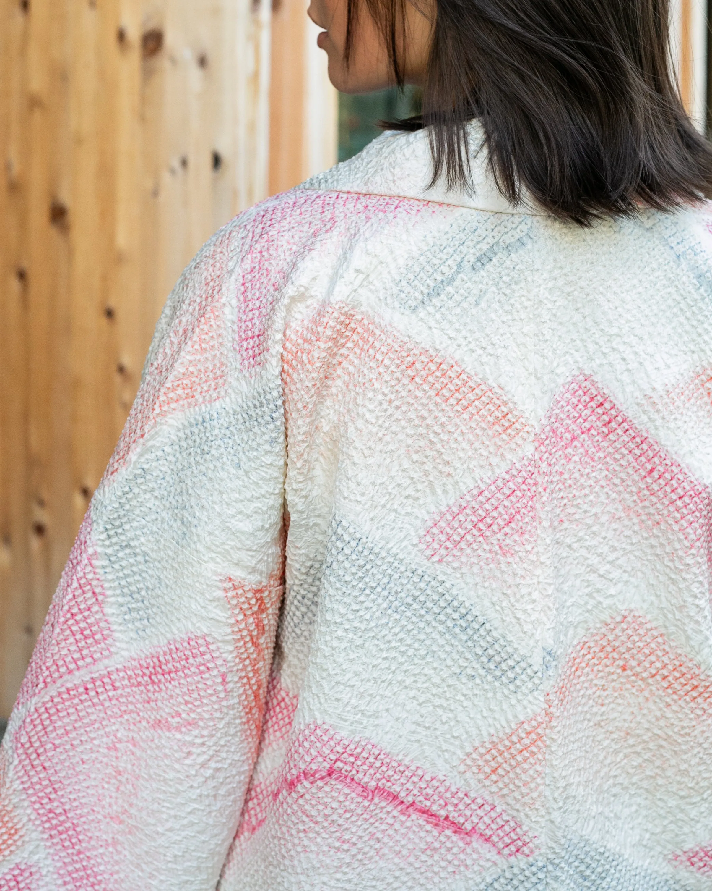 Vintage Haori Jacket, Full Shibori, Pale Blue with Abstract Orange Triangles sold by Kiriko product image thumbnail 3