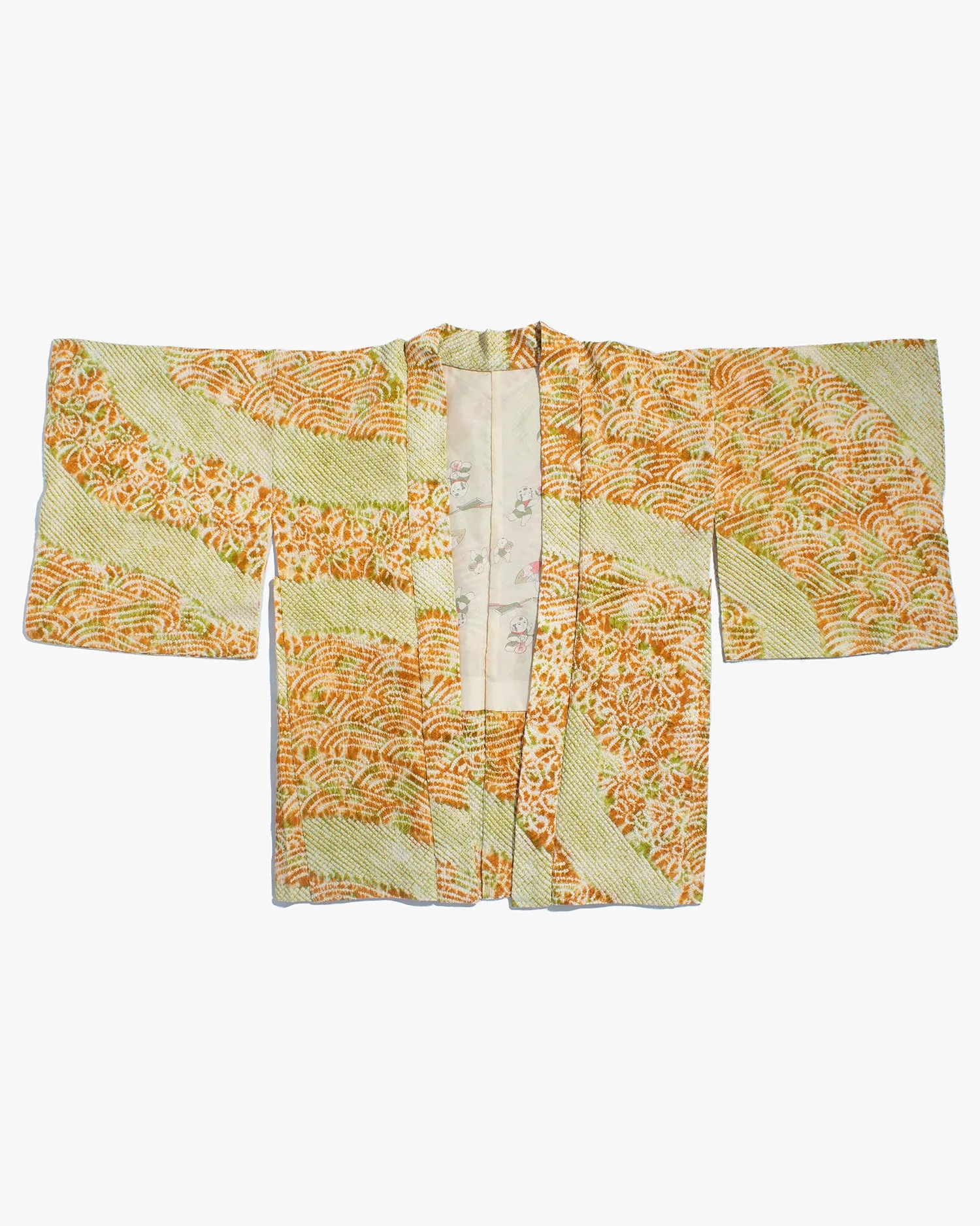 Vintage Haori Jacket, Full Shibori, Yellow and Green Partial Seigaiha and Daisies sold by Kiriko