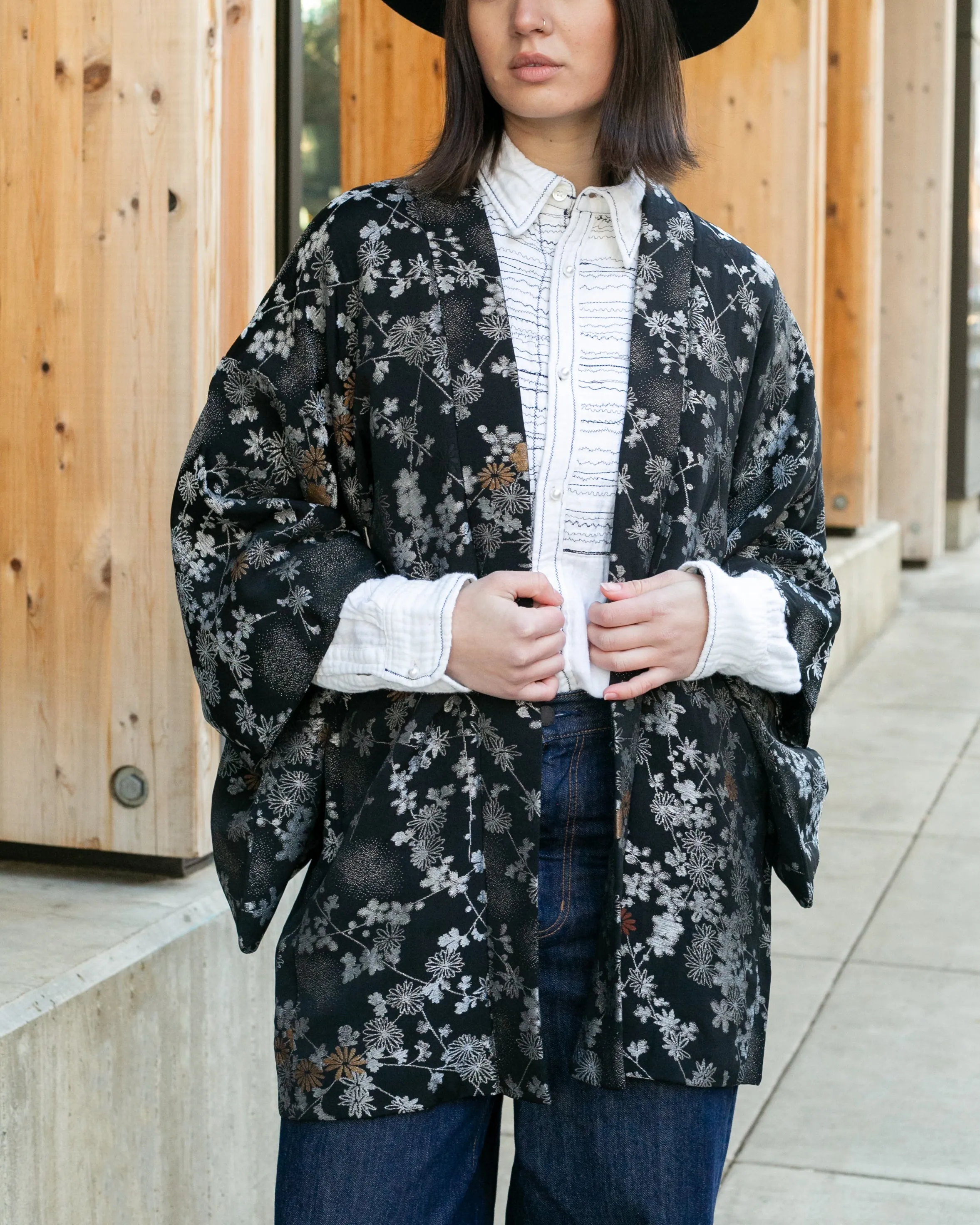 Vintage Haori Jacket, Black with Small Metallic Daisies sold by Kiriko