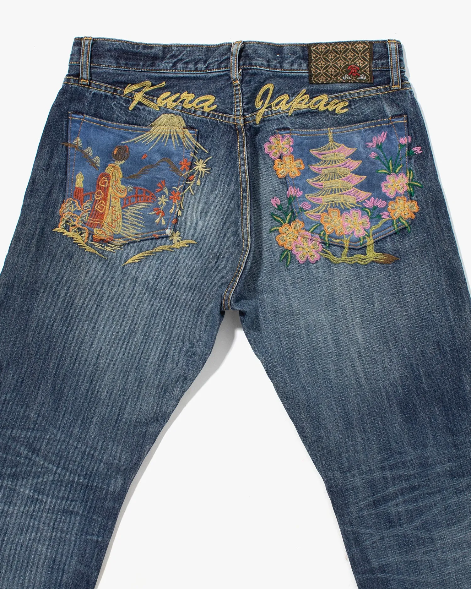 Japanese Repro Denim Jeans, Eternal, Woman and Temple Embroidery, Satin Pockets - 33 sold by Kiriko