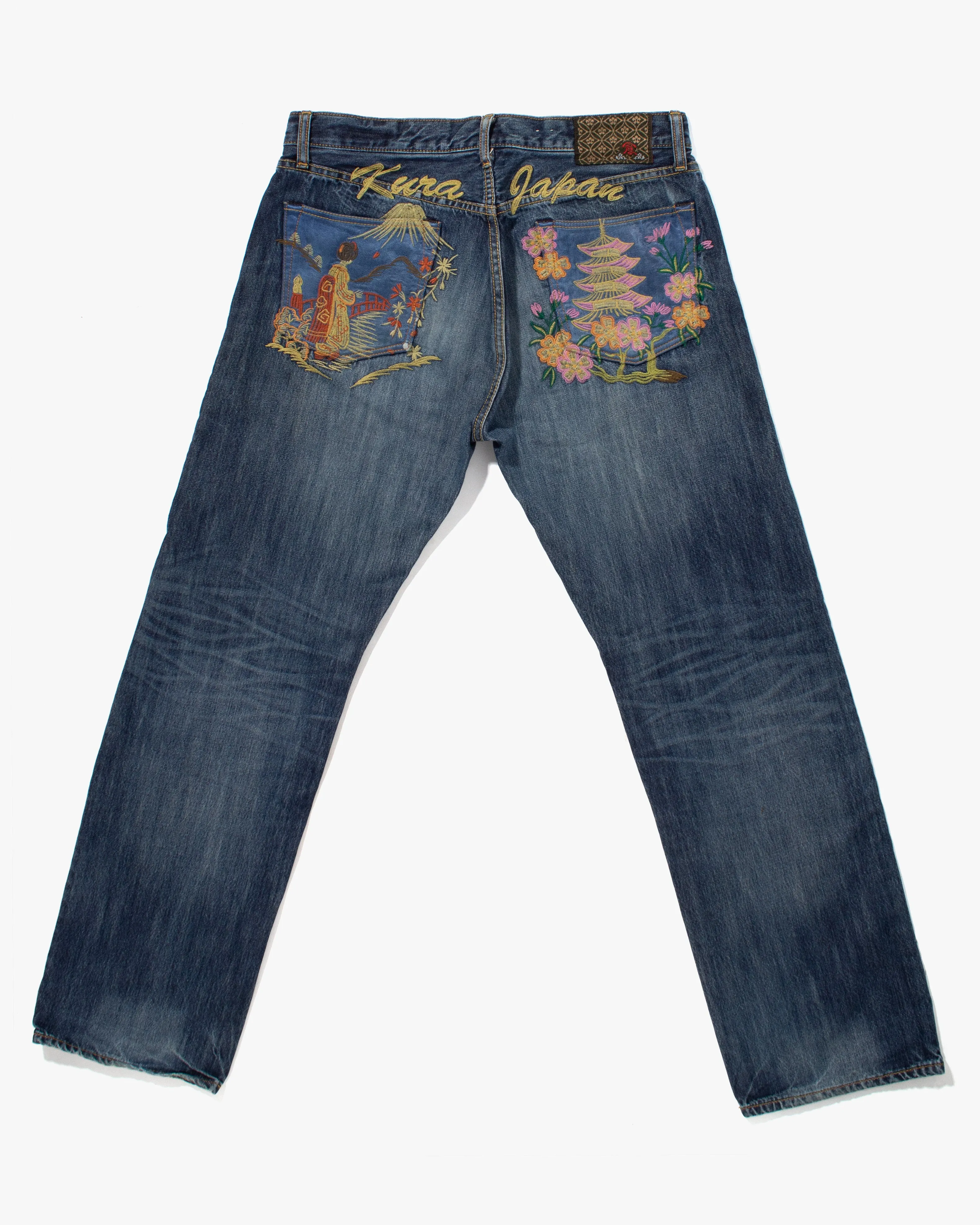 Japanese Repro Denim Jeans, Eternal, Woman and Temple Embroidery, Satin Pockets - 33 sold by Kiriko product image thumbnail 4