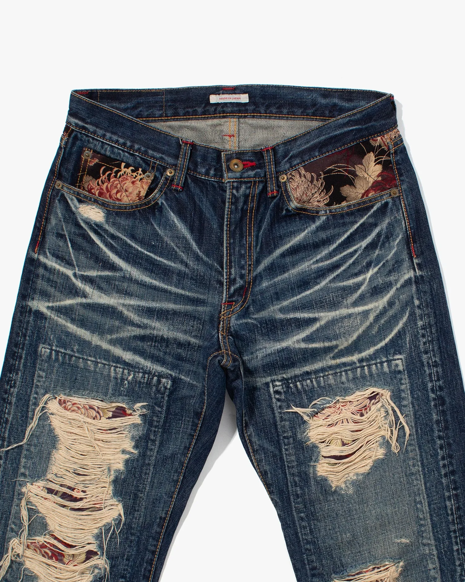 Japanese Repro Denim Jeans, Eternal, Floral Lining with Distressing - 30 sold by Kiriko