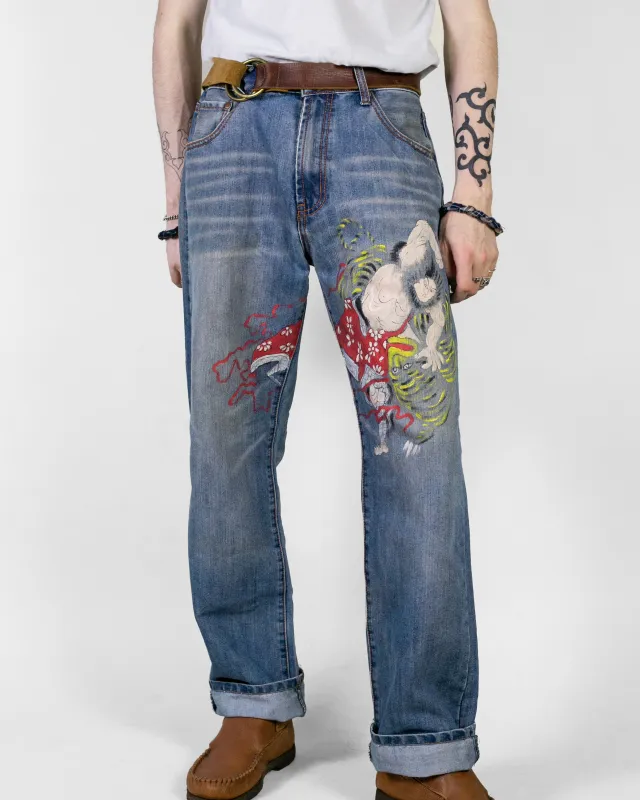 Japanese Repro Denim Jeans, Zen Clothing, Hand Painted Samurai - 34 sold by Kiriko