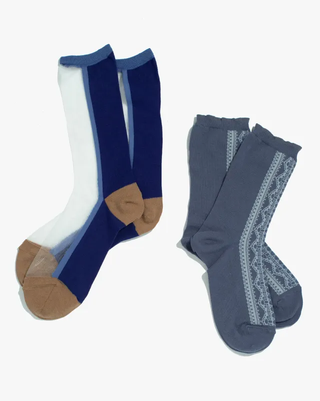 Debby Co., Crew Sock Set, Andéotte Collection, Soft Blue Lace Stripe and See-through Blue with Taupe sold by Kiriko
