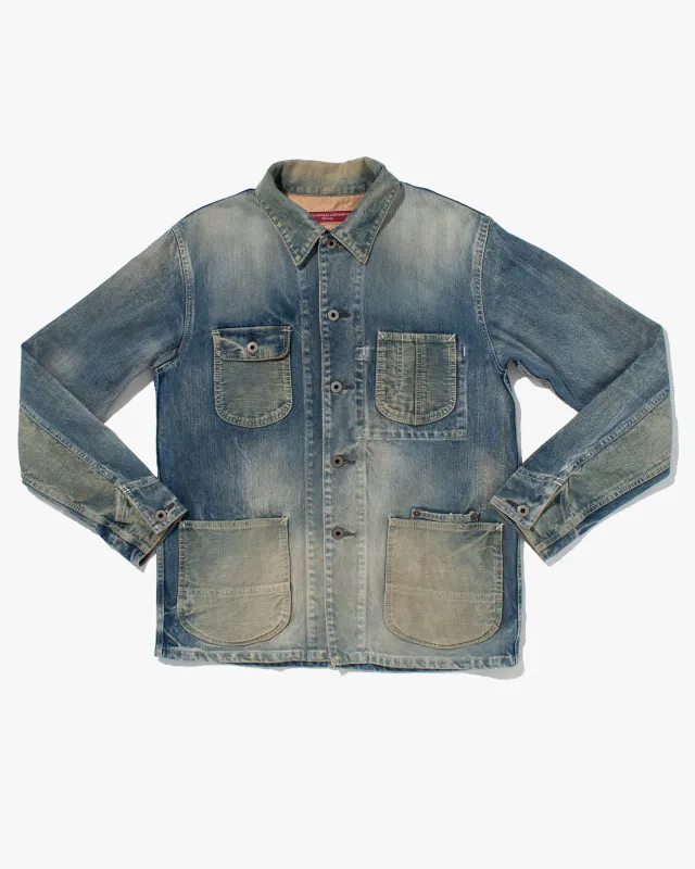 Japanese Repro Denim Jacket, Fundamental Agreement, Distressing and Patched Pockets - M sold by Kiriko