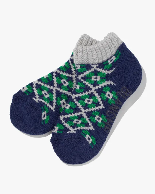 Debby Co., Ankle Socks, Maison Blanche Collection, Navy and Gray with Green Flowers sold by Kiriko