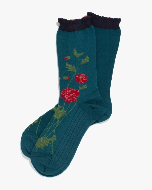 Debby Co., Crew Socks, Andéotte Collection, Teal with Red Flowers sold by Kiriko