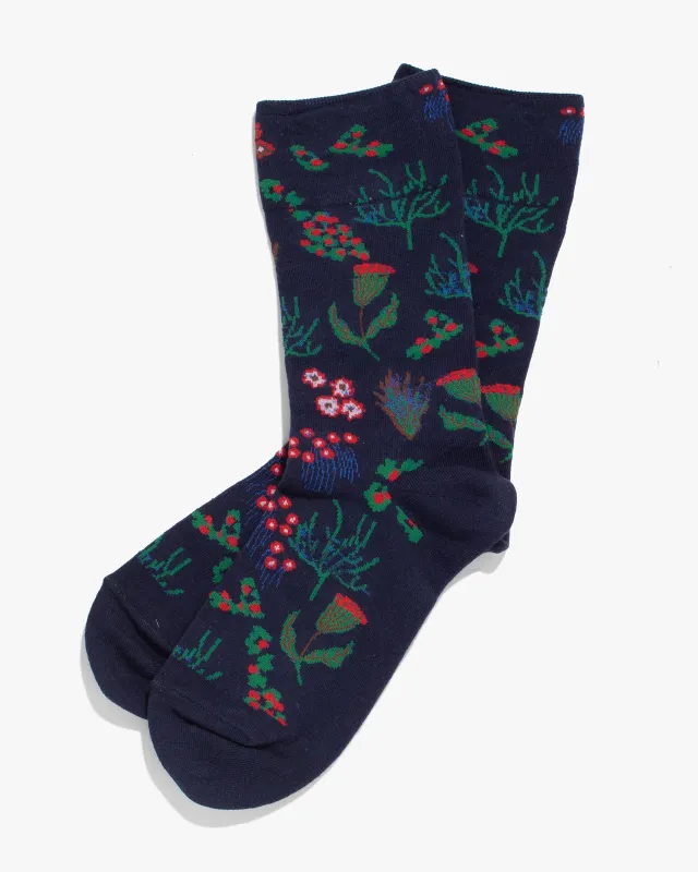 Debby Co., Crew Socks, Andé Collection, Indigo with Multi-color Flowers sold by Kiriko