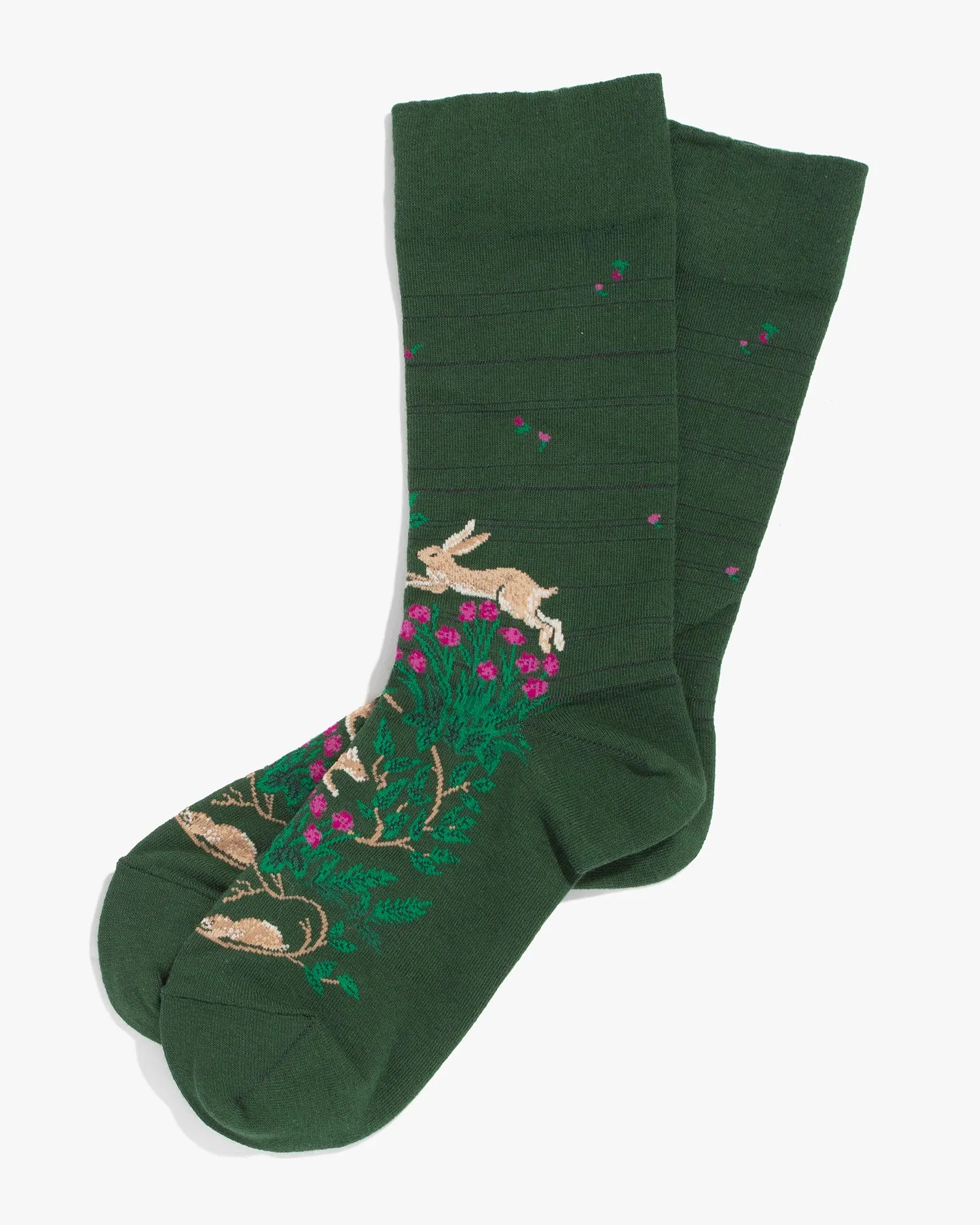 Debby Co., Crew Socks, Andéotte Collection, Green Shima with Forest Animals sold by Kiriko