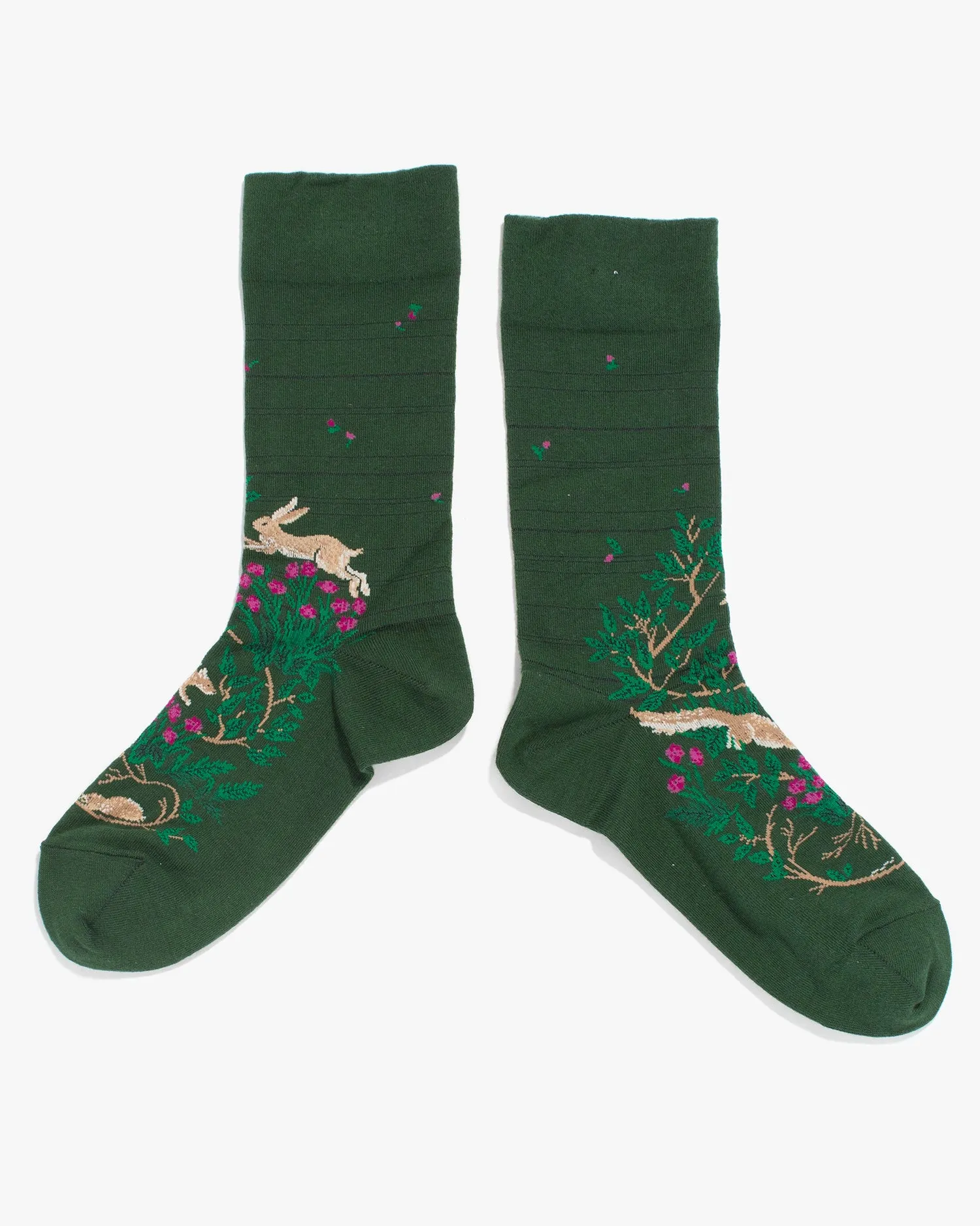 Debby Co., Crew Socks, Andéotte Collection, Green Shima with Forest Animals sold by Kiriko product image thumbnail 2