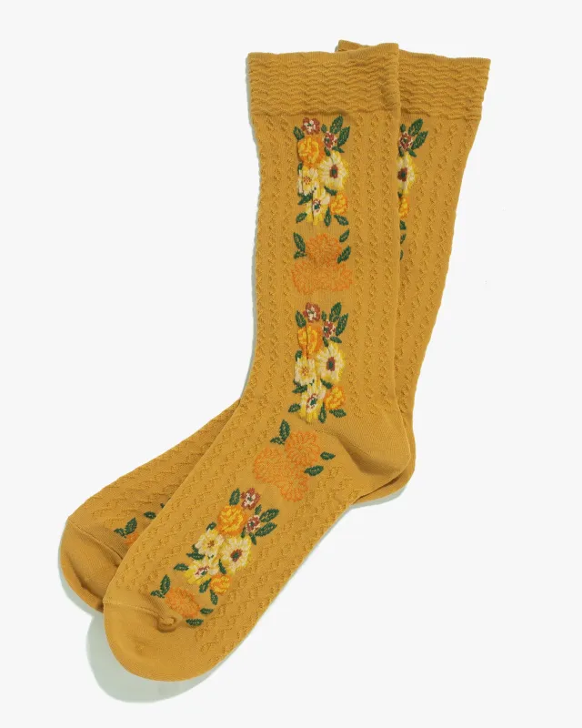 Debby Co., Crew Socks, Andéotte Collection, Yellow Ribbed Diamond Pattern with Flowers sold by Kiriko
