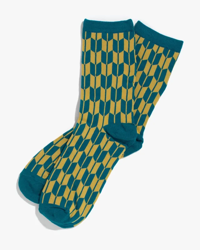 Kiriko Original Socks, Yagasuri, Teal and Yellow made by Kiriko