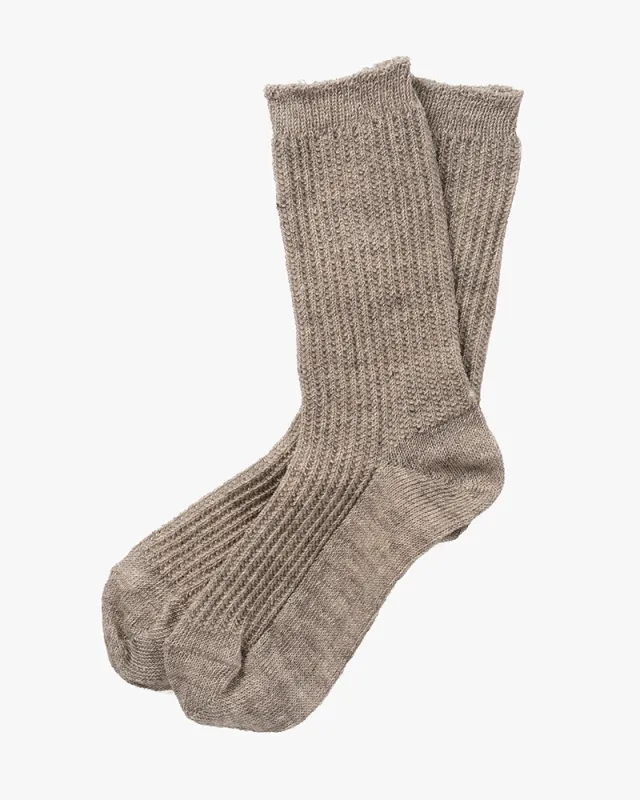 Knitwin, Crew Socks, Linen, Memeri White Brown sold by Kiriko
