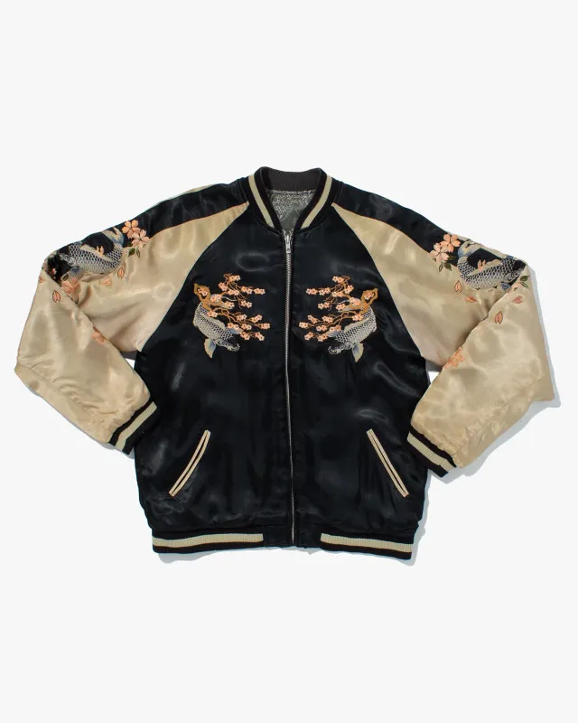 Japanese Repro Souvenir Jacket, Reversible, Black with Koi and Cherry Blossom Tree - L sold by Kiriko