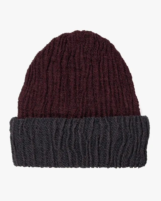Kobo Oriza Knit Cap, Multi Functional, Cotton and Wool Blend, Split Burgundy and Eggplant, 9 ˝ sold by Kiriko