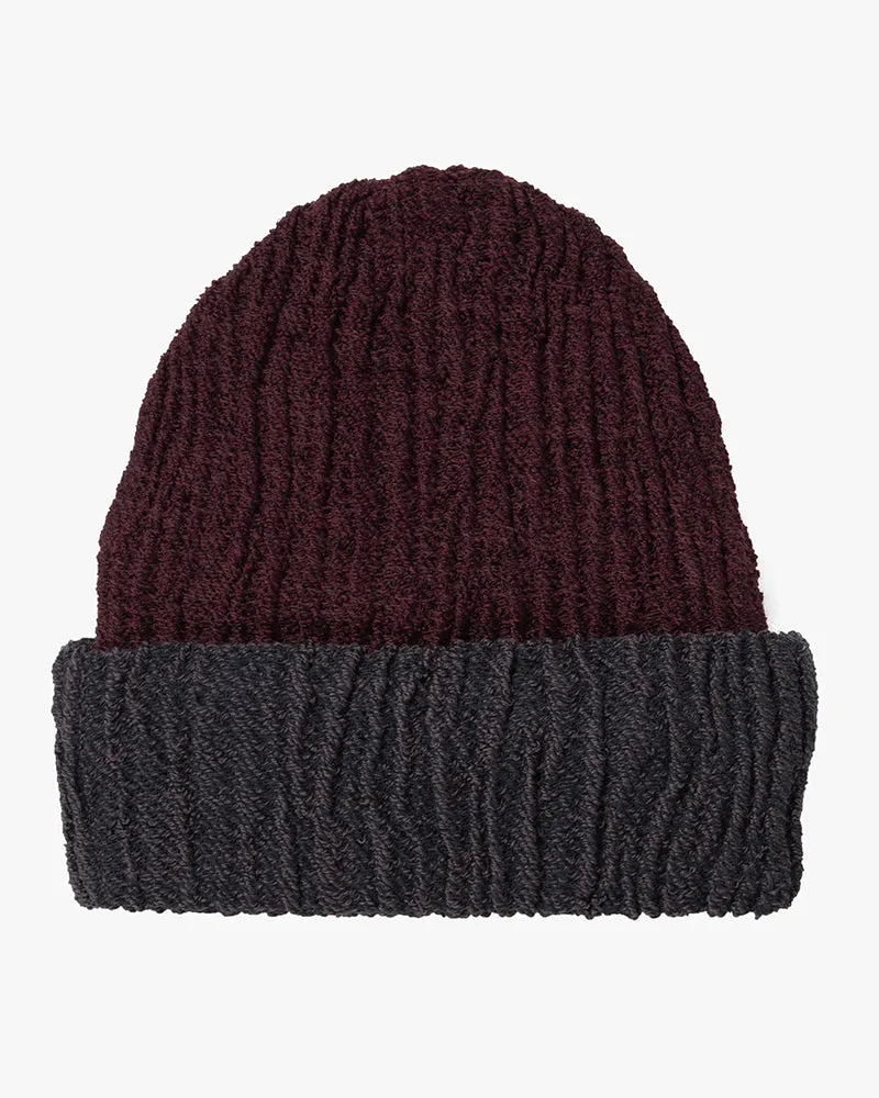 Kobo Oriza Knit Cap, Multi Functional, Cotton and Wool Blend, Split Burgundy and Eggplant, 9 ˝ sold by Kiriko